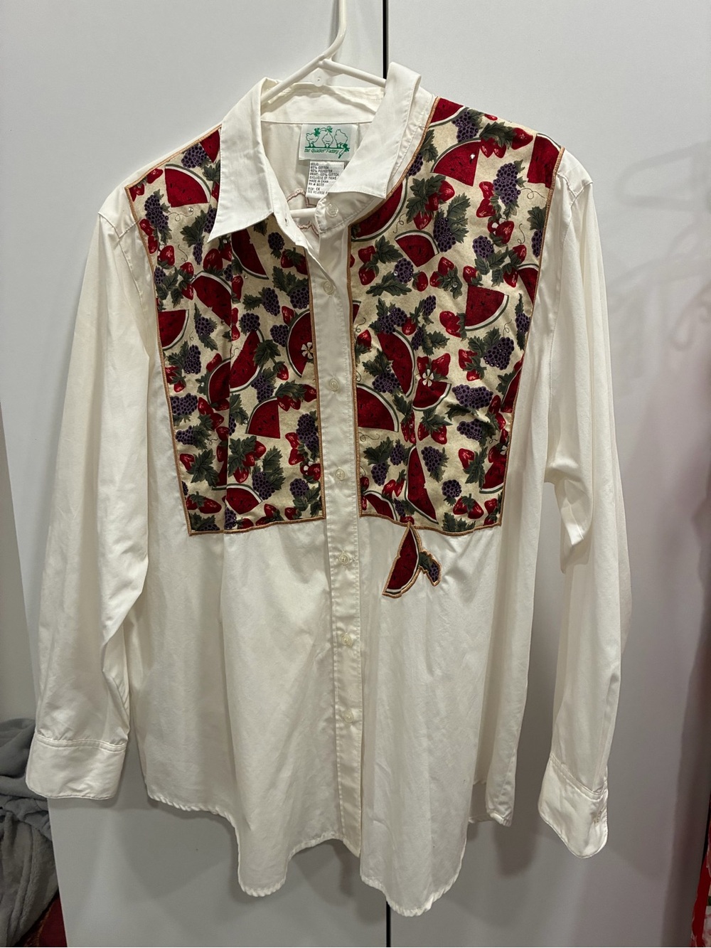 The Quacker Factory Cream Button-Up Top fun fruit with rhinestones 
Grandmacore